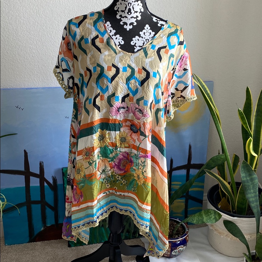 Johnny Was Multicolor Floral Geometric Tunic
